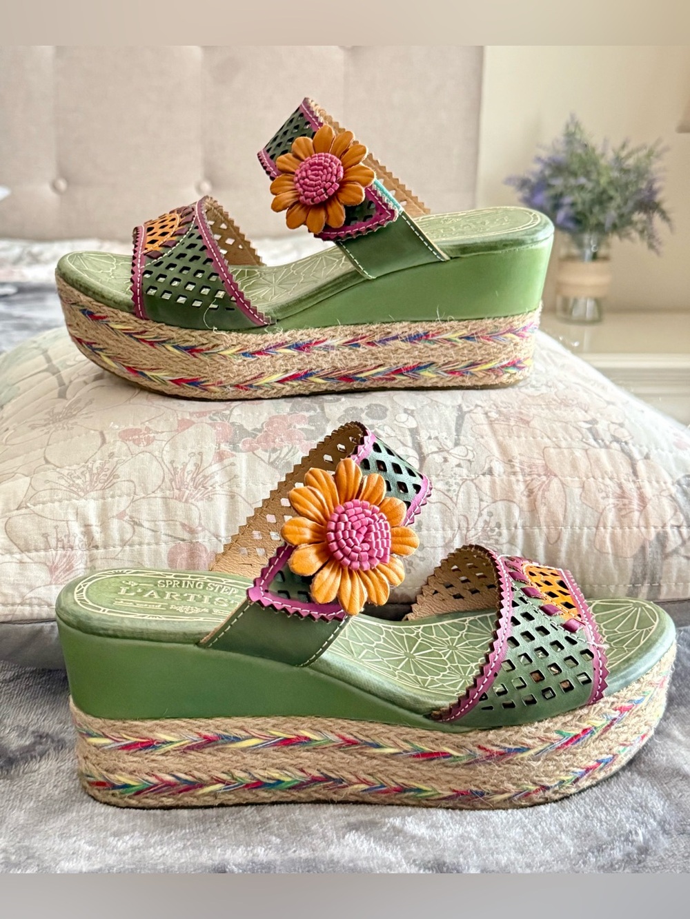 Spring Step L'artiste Virgie Sandals 7.5-8/38 Floral Platform Espadrille Wedge